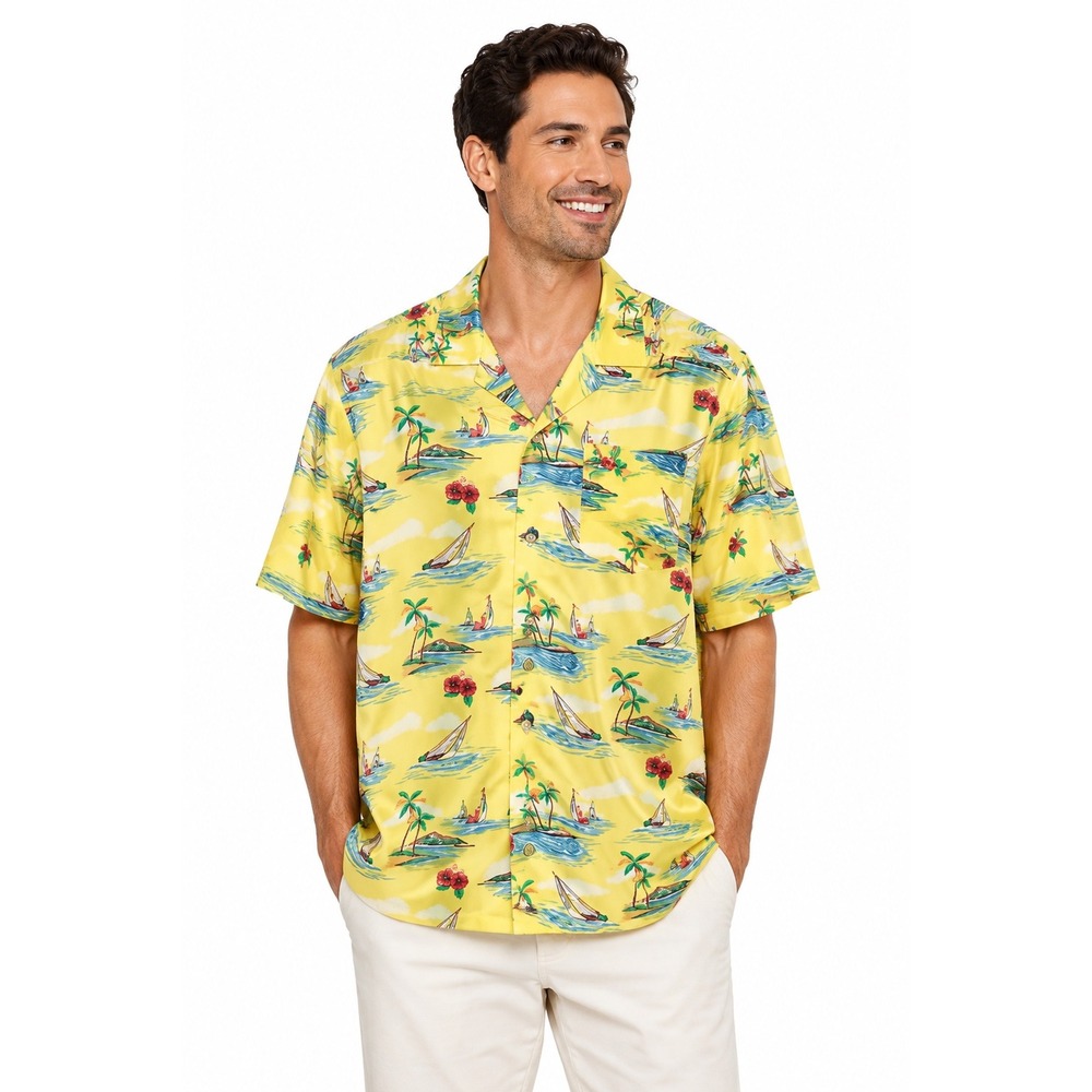 Croft & Barrow Mens Yellow Tropical Sailboat Palm‎ Tree Rayon Camp Shirt L NEW